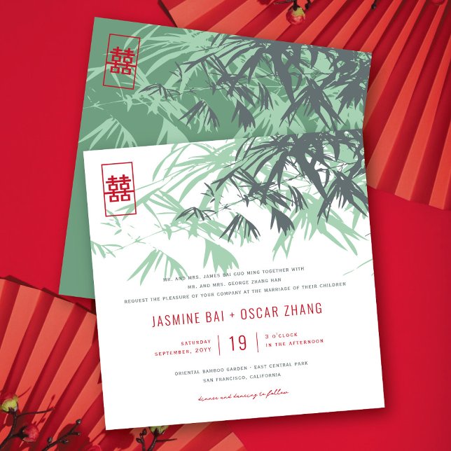 Invitación Mint Green Bamboo deja a un moderno Boda asiático  (Mint Green Bamboo Leaves Modern Zen Asian Wedding Invitation @ fatfatin_red_knot)