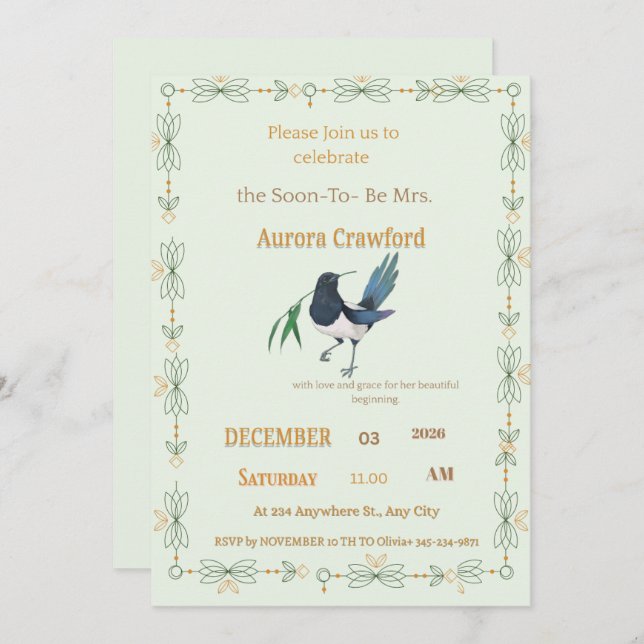 Invitación Mint Green Botanical Dove Square Bridal Shower Inv (Anverso / Reverso)