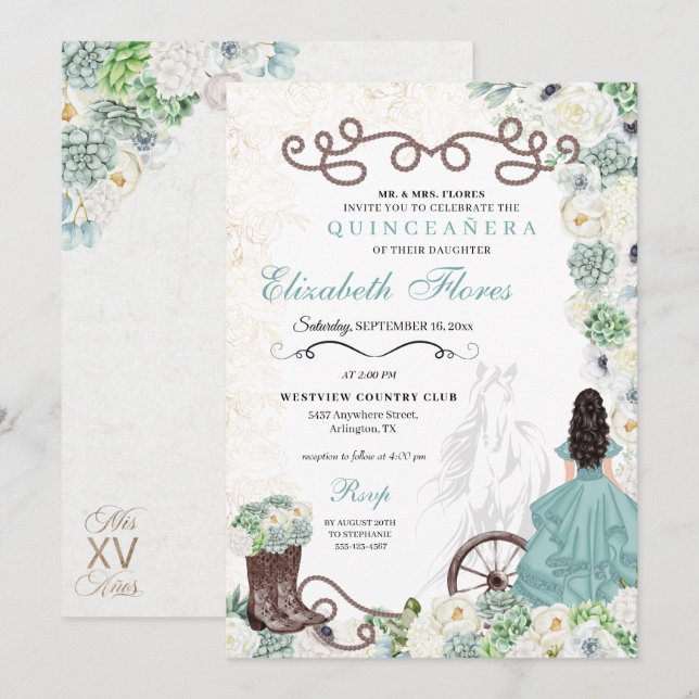 Invitación Mint Green Cacti Western Charro Horse Quinceañera (Anverso / Reverso)