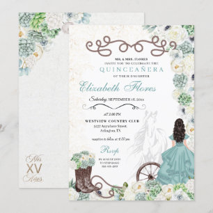 Invitación Mint Green Cacti Western Charro Horse Quinceañera
