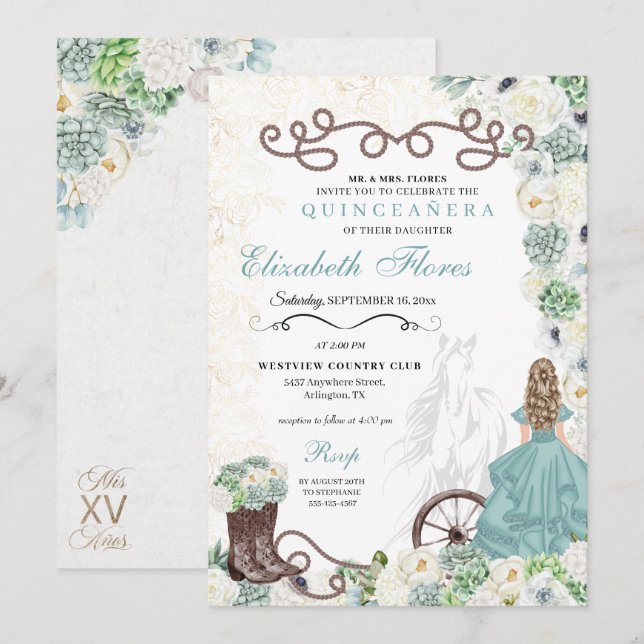 Invitación Mint Green Cacti Western Charro Horse Quinceañera (Anverso / Reverso)