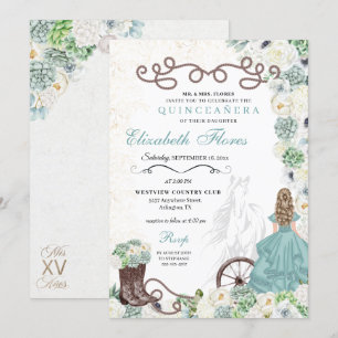 Invitación Mint Green Cacti Western Charro Horse Quinceañera