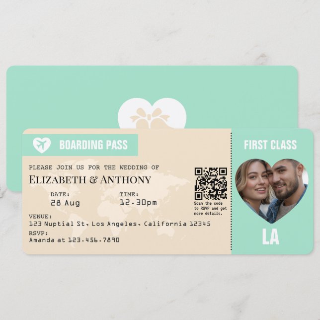 Invitación Mint Green & Champagne Boarding Pass Wedding (Anverso / Reverso)