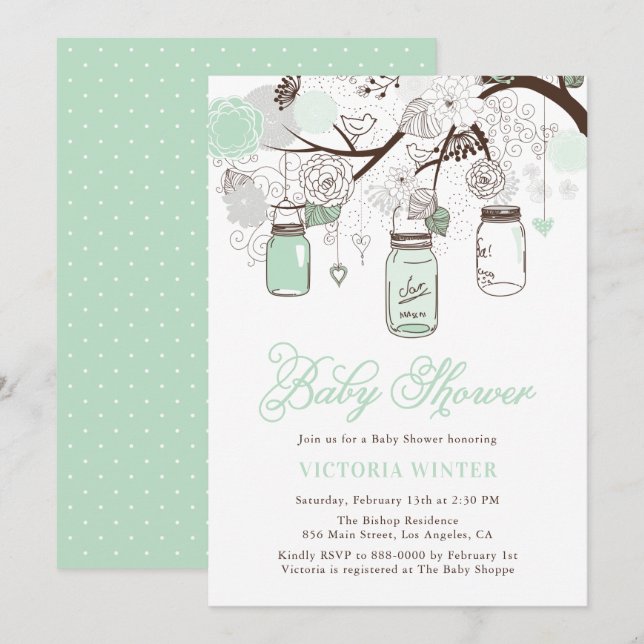 Invitación Mint Green Colgando Mason Jars Floral Baby Shower (Anverso / Reverso)