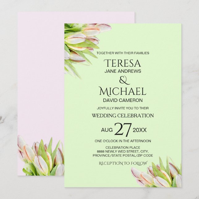 Invitación Mint Green color rosa tulipán moderno (Anverso / Reverso)