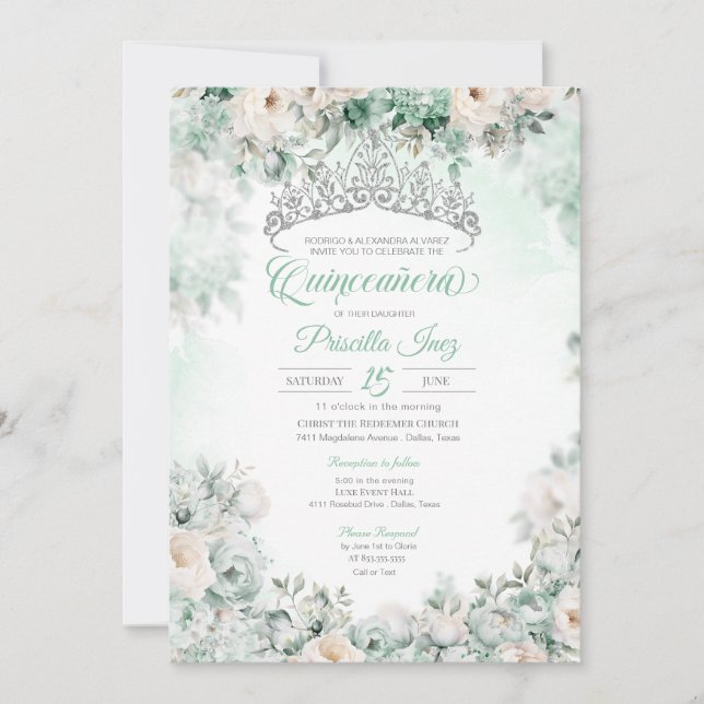 Invitación Mint Green Elegante acuarela Floral Quinceañera (Anverso)