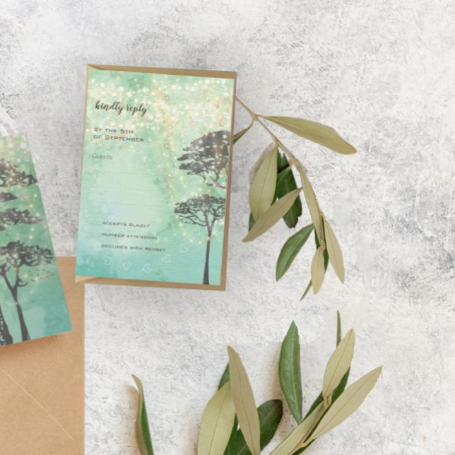 Invitación Mint Green Fairy Lights Woodsy Wedding RSVP (Subido por el creador)