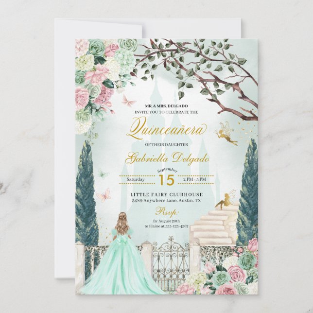 Invitación Mint Green Fairytale Encantado Jardín Quinceanera (Anverso)