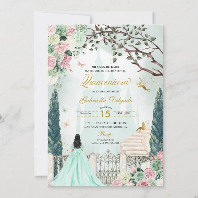 Invitación Mint Green Fairytale Encantado Jardín Quinceanera (Anverso)
