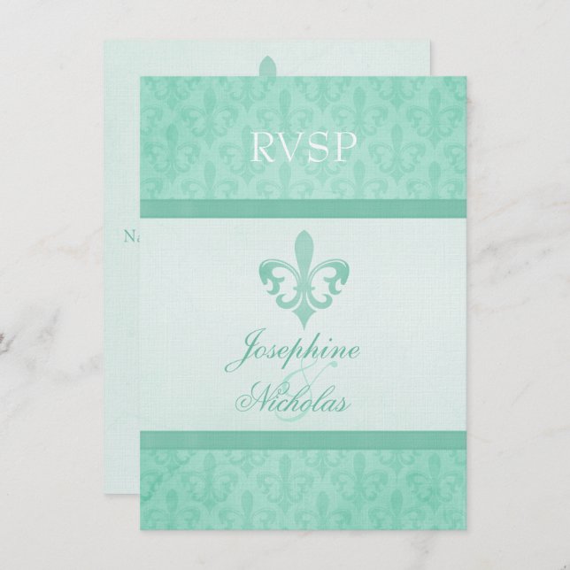 Invitación Mint green Fleur De Lis boda formal RSVP (Anverso / Reverso)