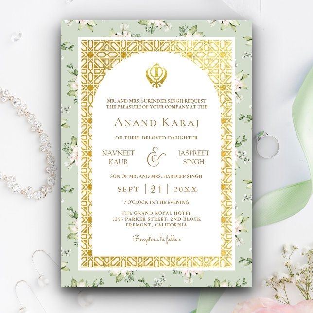Invitación Mint Green Floral Anand Karaj Punjabi Sikh Boda (Subido por el creador)