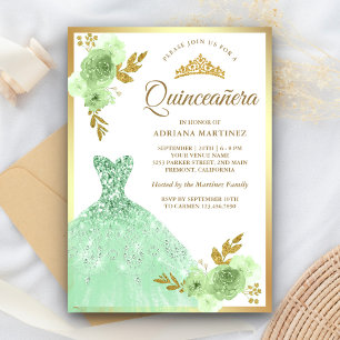 Invitación Mint Green Floral Sparkke Vestido Dorado Quinceane