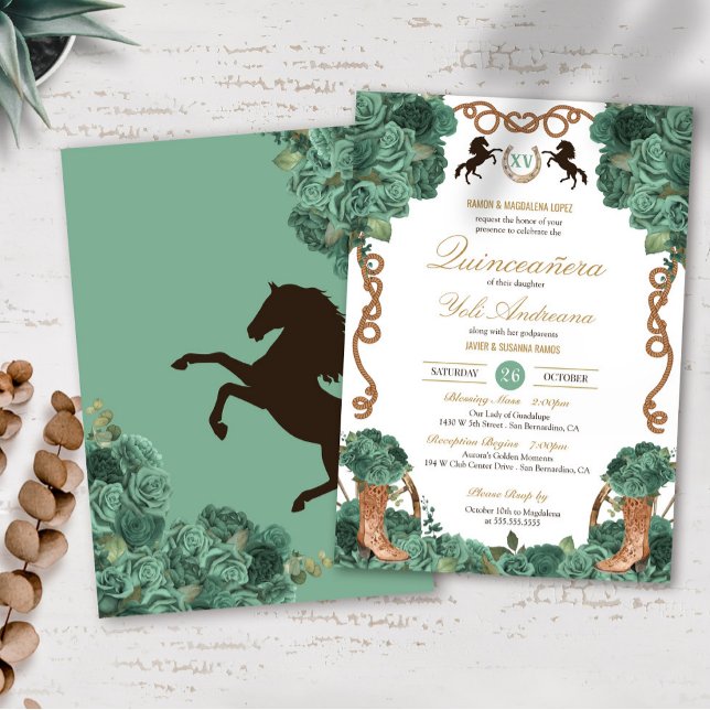 Invitación Mint Green Floral Western Charro Ranch Quinceanera (Subido por el creador)