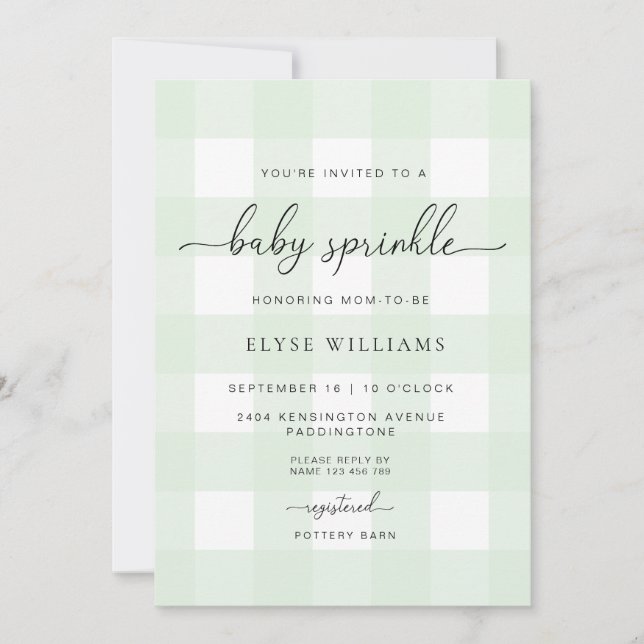Invitación Mint Green Gingham Baby Sprinkle (Anverso)