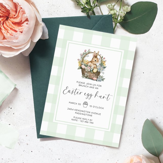 Invitación Mint Green Gingham Bunny Easter Egg Hunt (Easter Egg Hunt Invitation Gingham )