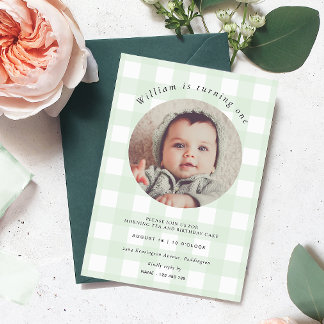 Invitación Mint Green Gingham Photo Birday