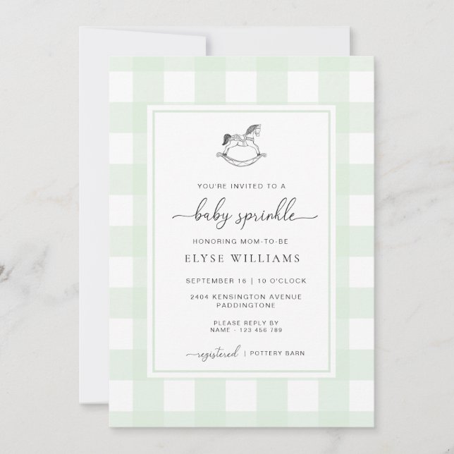 Invitación Mint Green Gingham Rocke Hípica Sprinkle (Anverso)