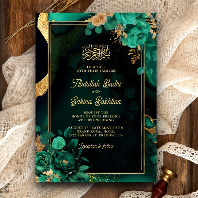 Invitación Mint Green Gold Floral QR Código musulmán Boda (Subido por el creador)
