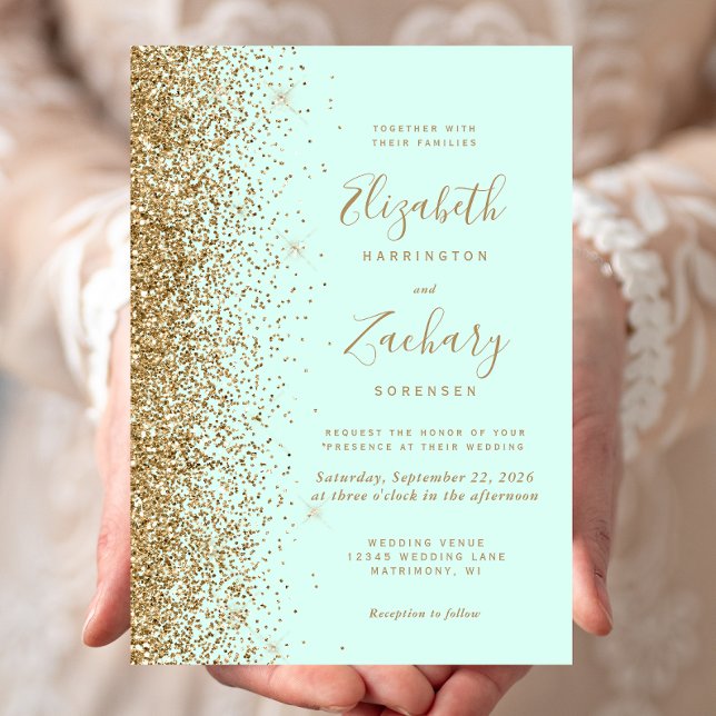 Invitación Mint Green Gold Glitter Wedding (Subido por el creador)