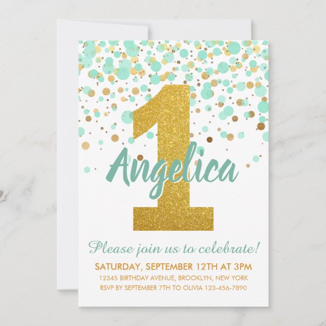 Invitación Mint Green Gold Primer cumpleaños Confetti Cumplea (Anverso)