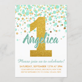 Invitación Mint Green Gold Primer cumpleaños Confetti Cumplea