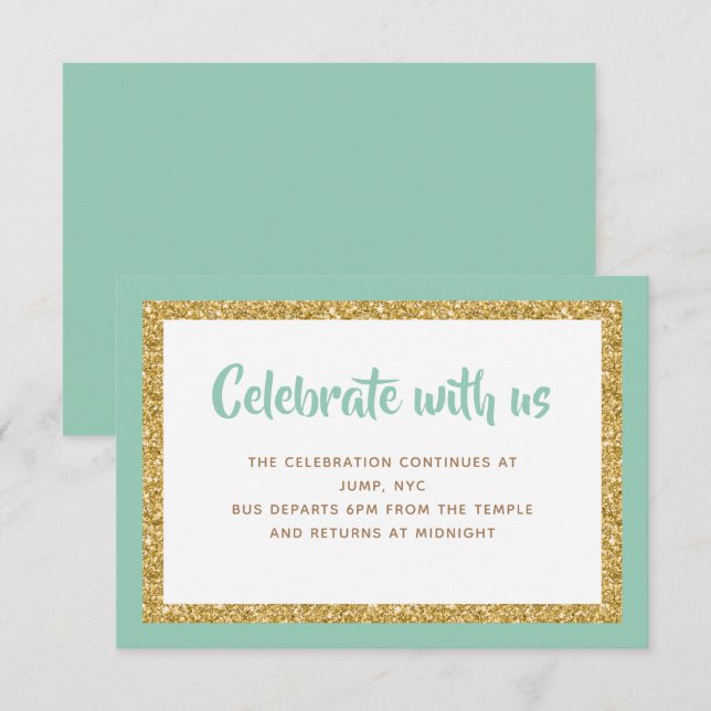 Invitación Mint Green & Gold Purpurina Bar Mitzvah Insertar t (Anverso / Reverso)
