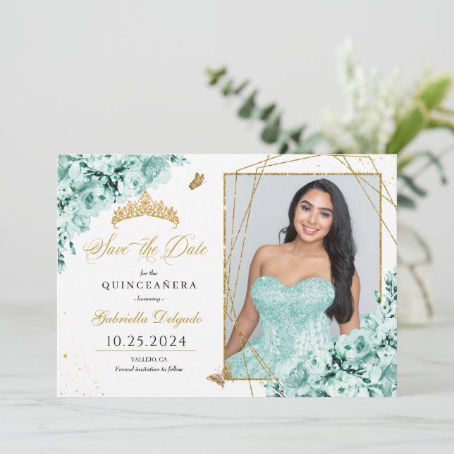 Invitación Mint Green & Gold Quinceañera Guardar la foto de l (Anverso de pie)