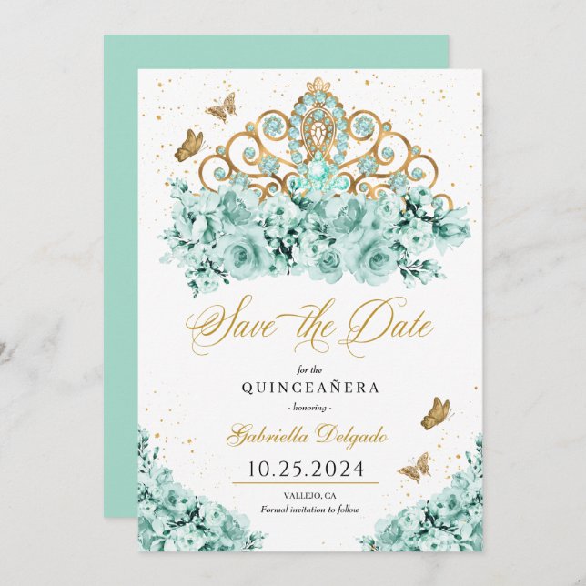 Invitación Mint Green & Gold Tiara Salven La Fecha Quinceañer (Anverso / Reverso)