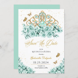 Invitación Mint Green & Gold Tiara Salven La Fecha Quinceañer