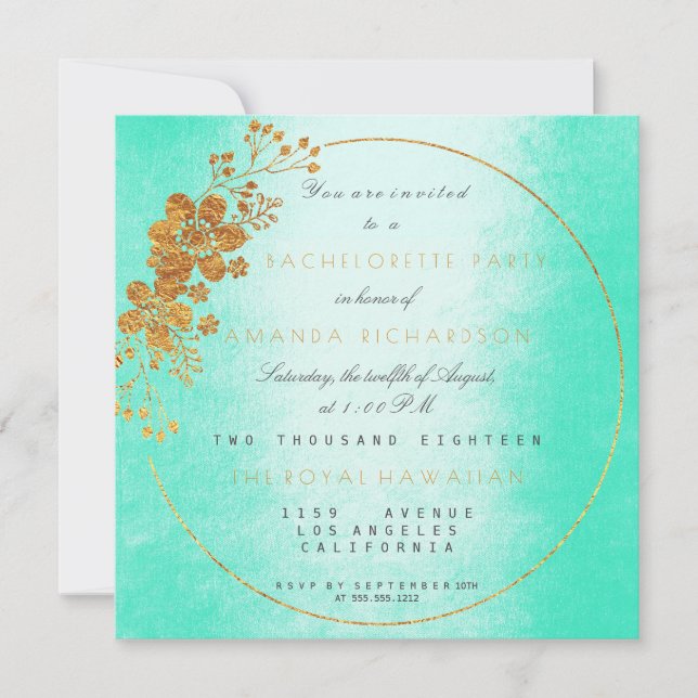 Invitación Mint Green Golden Floral Glam Bachelorette (Anverso)