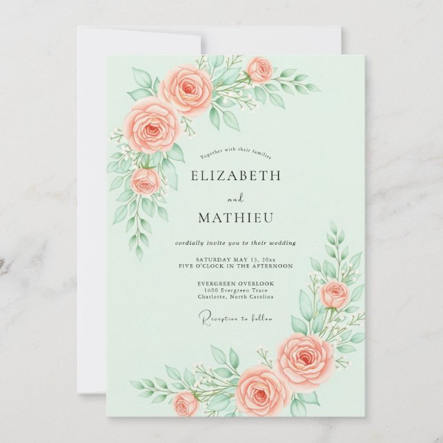 Invitación Mint Green Graceful Rose Wedding (Anverso)