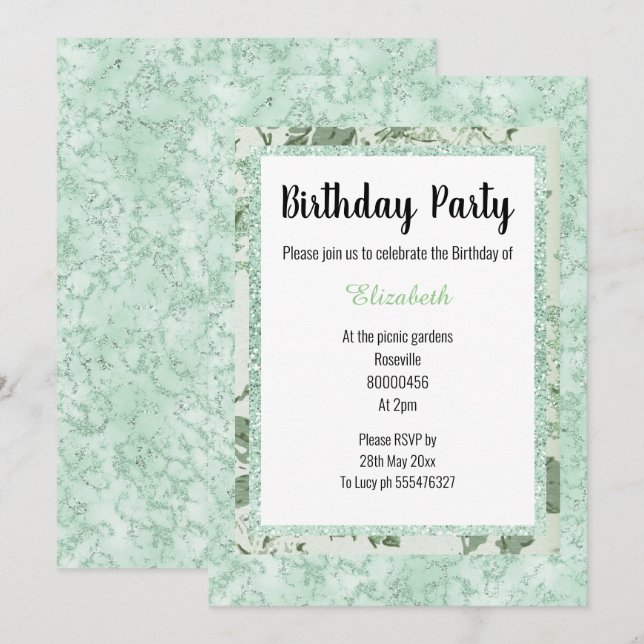 Invitación Mint Green Marble Floral Purpurina Cumpleaños (Anverso / Reverso)