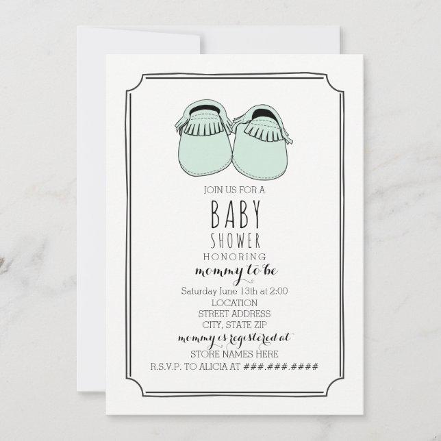 Invitación Mint Green Moccasins Boho Baby Shower (Anverso)