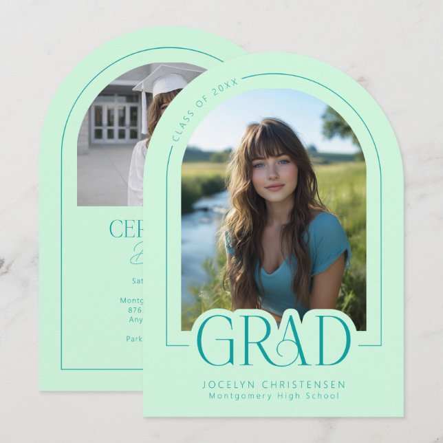 Invitación Mint Green Modern Minimal Grad Photo Announcement (Anverso / Reverso)