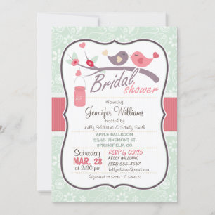 Invitación Mint Green & Pink Love Birds Bridal Shower