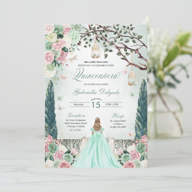 Invitación Mint Green Princess Jardín encantado Quinceanera (Anverso de pie)