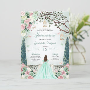Invitación Mint Green Princess Jardín encantado Quinceanera