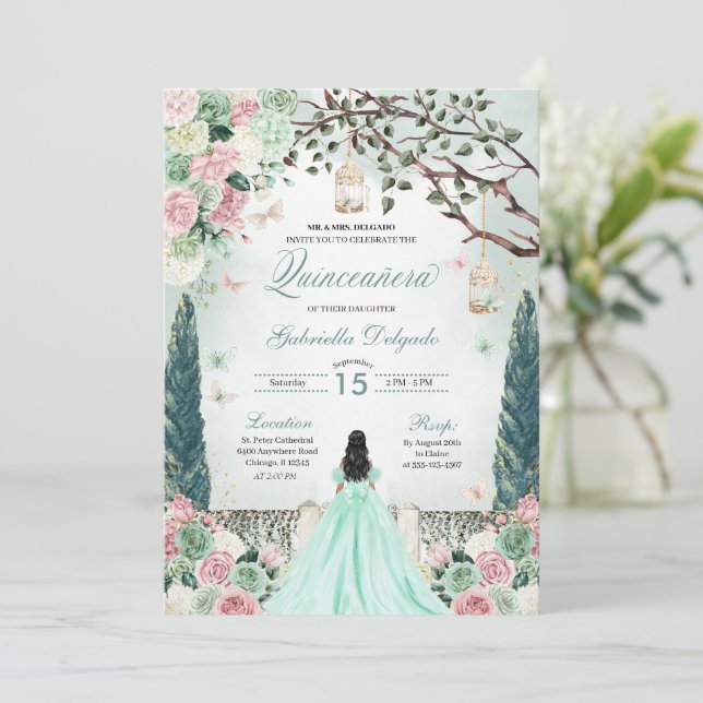 Invitación Mint Green Princess Jardín encantado Quinceanera (Anverso de pie)