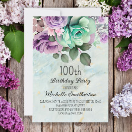 Invitación Mint Green Purple Floral Butterflies Cumpleaños