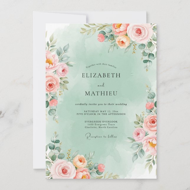Invitación Mint Green Romantic Floral Wedding (Anverso)
