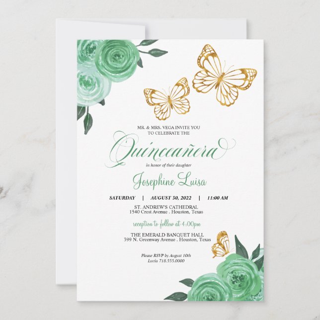 Invitación Mint Green Rosas Mariposa de Oro Quinceañera Flora (Anverso)