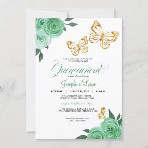Invitación Mint Green Rosas Mariposa de Oro Quinceañera Flora