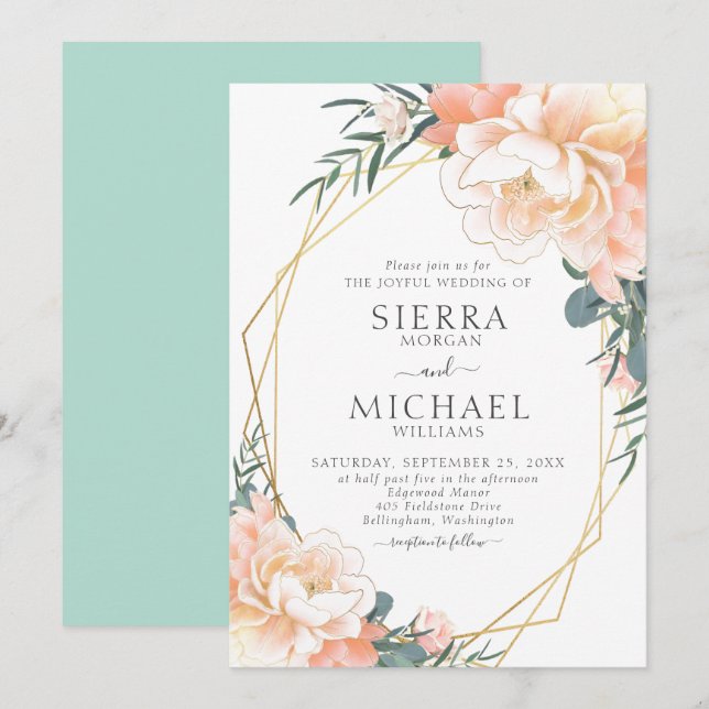 Invitación Mint Green Rubor Gold Peach Cream Floral Boda (Anverso / Reverso)