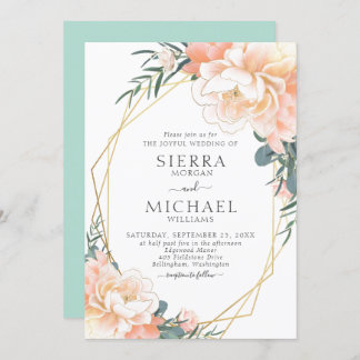 Invitación Mint Green Rubor Gold Peach Cream Floral Boda