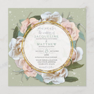 Invitación Mint Green Rubor Rosa Floral Gold Moderno Wreath