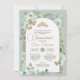 Invitación Mint Green Sage Floral Gold Butfly Quinceañera