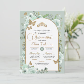 Invitación Mint Green Sage Floral Gold Butfly Quinceañera