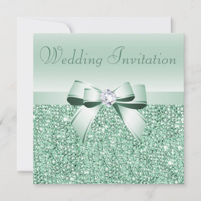 Invitación Mint Green Sequins, Boda Bow & Diamond (Anverso)
