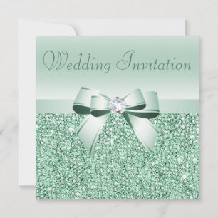 Invitación Mint Green Sequins, Boda Bow & Diamond
