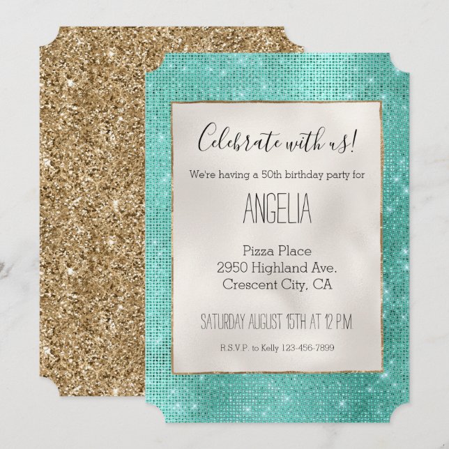 Invitación Mint Green Sparkle (Anverso / Reverso)
